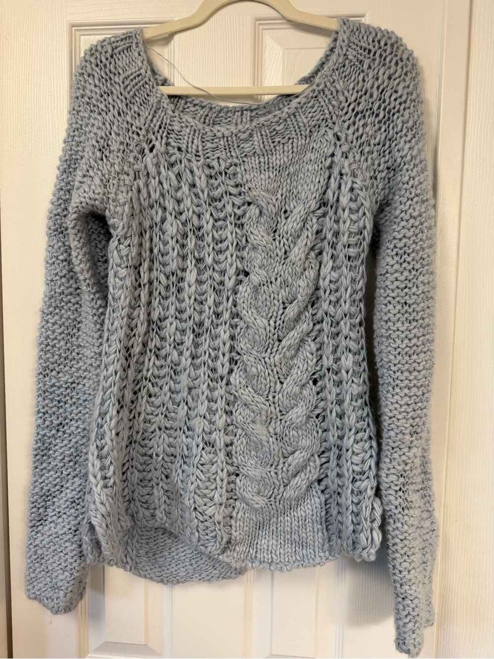Free People Chunky Cable-Knit Scoop Neck Sweater - Light Blue